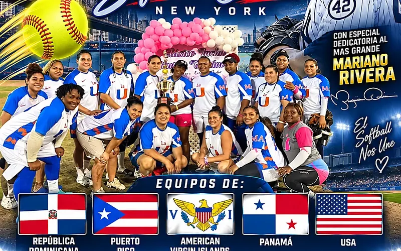 Copa Internacional Softball Chata event flyer with team photo and New York skyline