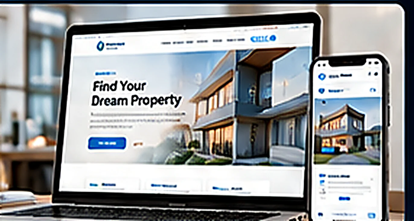 Real estate website design with property photos on laptop and phone