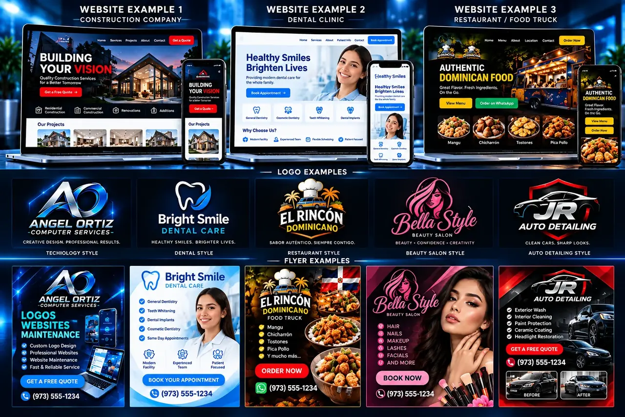 Portfolio poster showing three example business websites (construction, dental clinic, restaurant), five logo styles, and five flyer designs